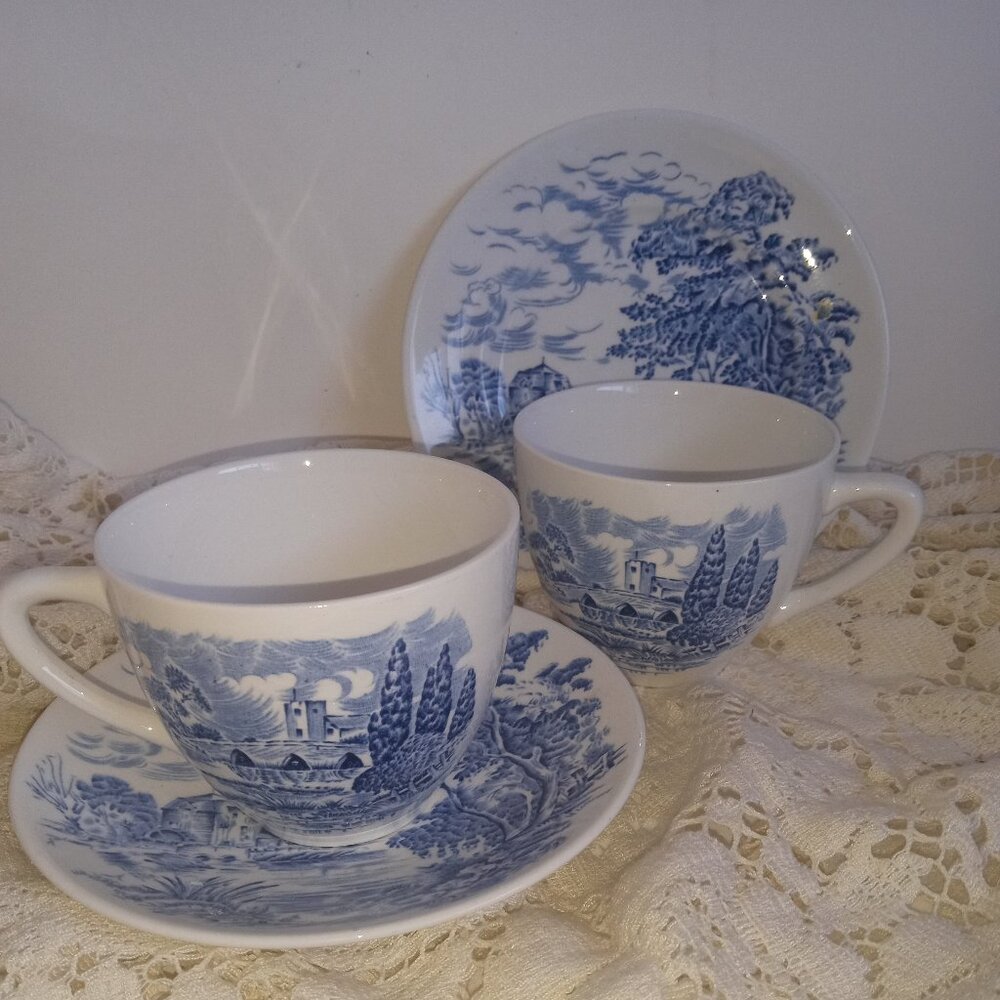 Authentic BLUE WILLOW/FLOW BLUE Pair Cups W Saucers COUNTRYSIDE Enoch Wedgewood